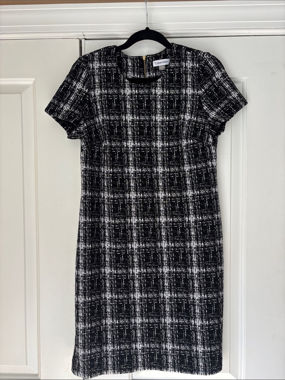 Calvin Klein Black & White Plaid Tweed Shift Dress